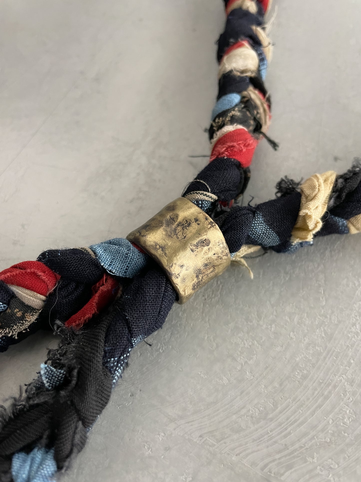 Japanese "Boro" Rope Tie w Oxidised Brass Ring