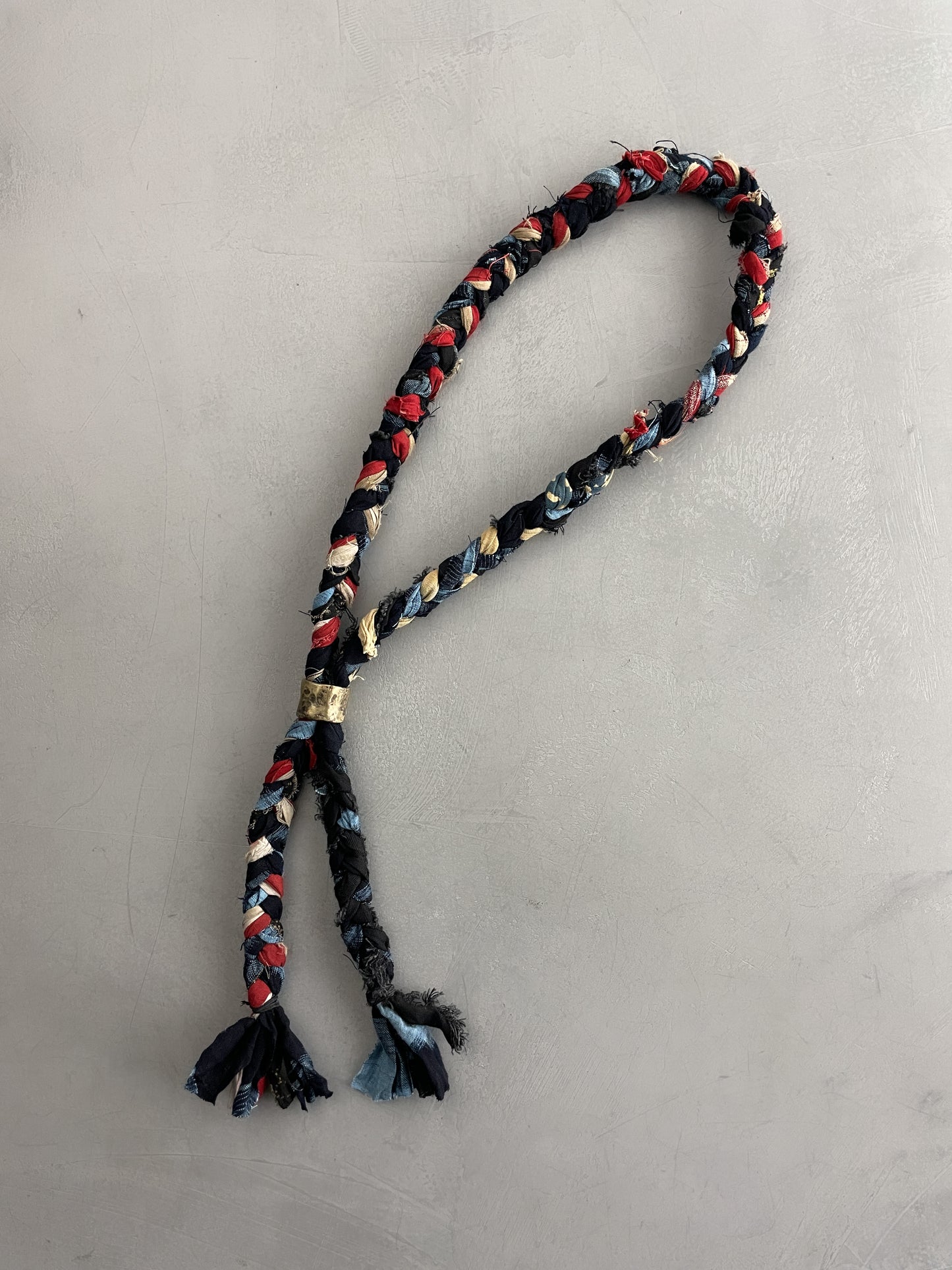 Japanese "Boro" Rope Tie w Oxidised Brass Ring