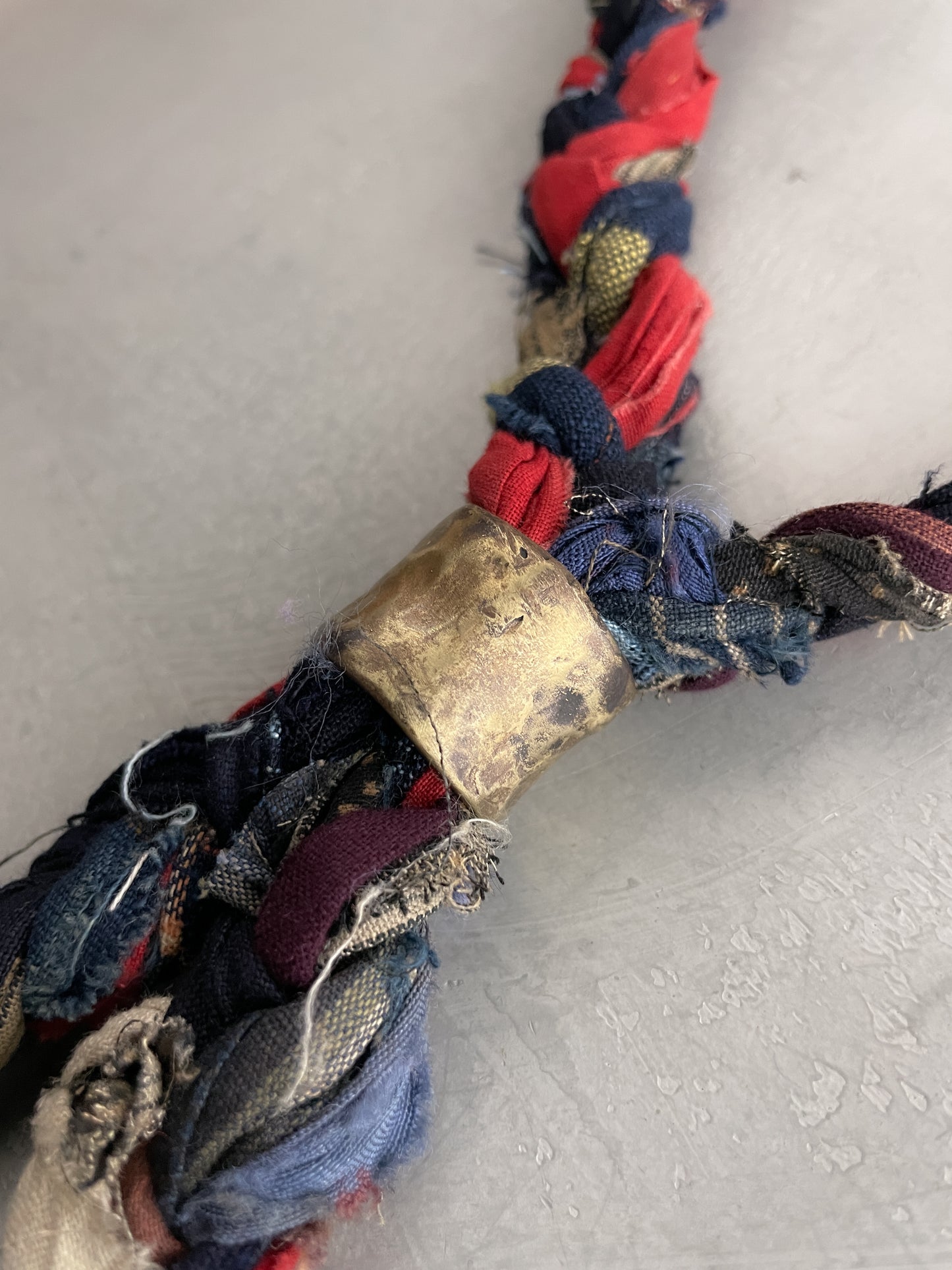 Japanese "Boro" Rope Tie w Oxidised Brass Ring