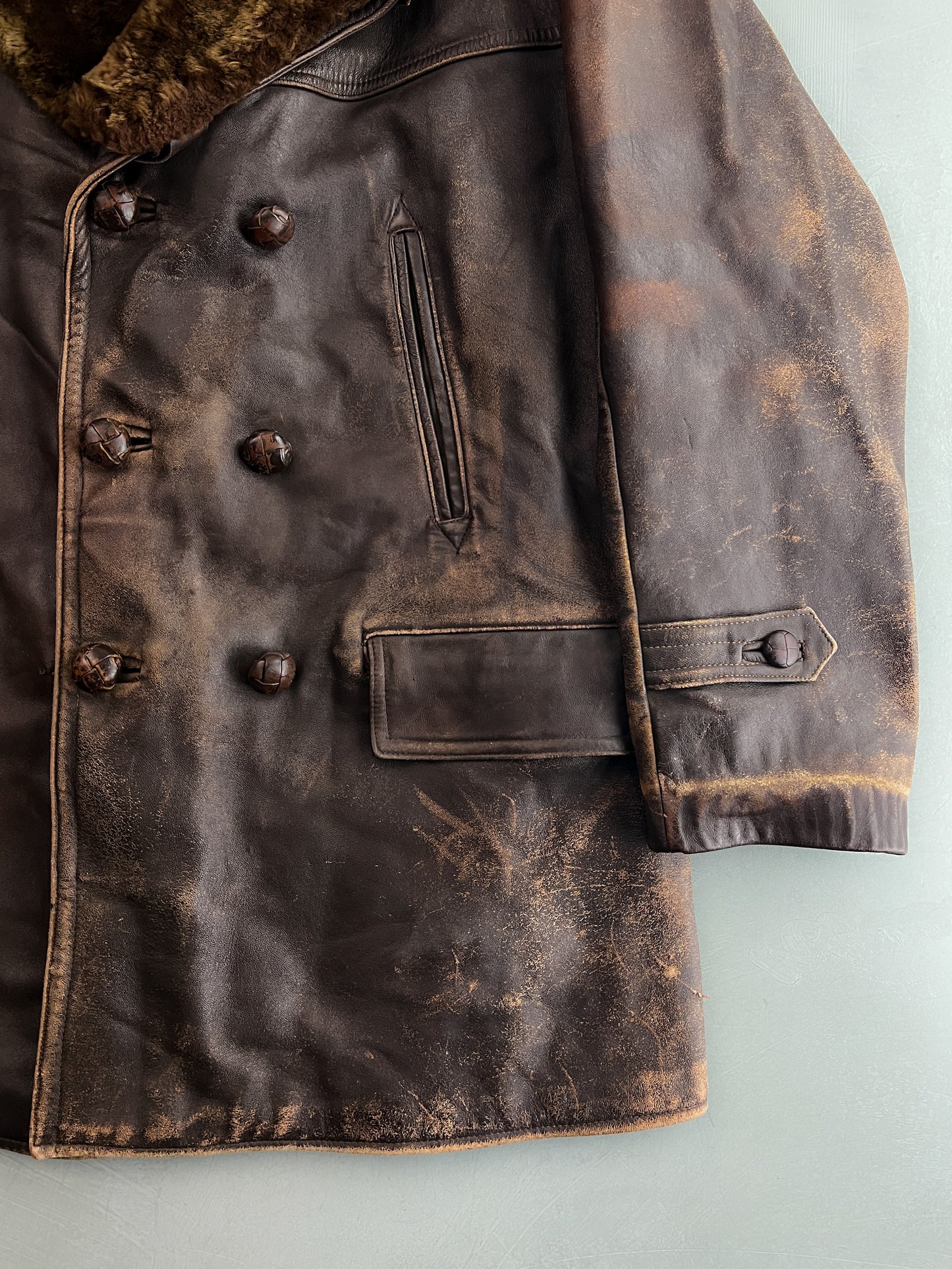 60's/70's European Leather Greatcoat w Detachable Fur Collar [L]