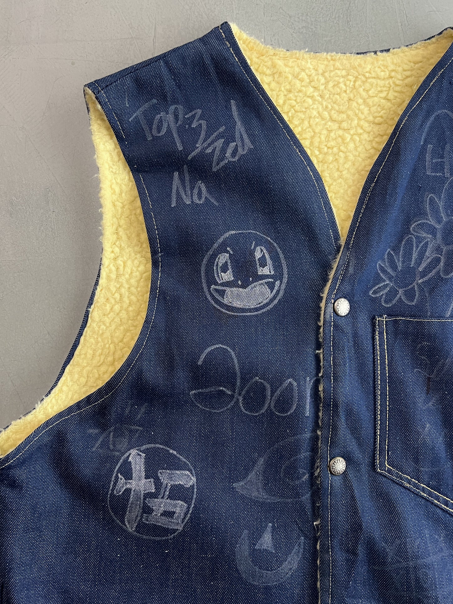 Hand Drawn Denim Shearling Vest [L]