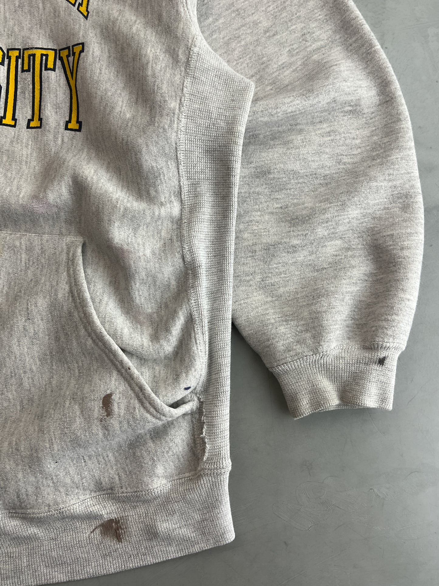 1990's W.V.U Hooded Reverse Weave Sweatshirt [L]