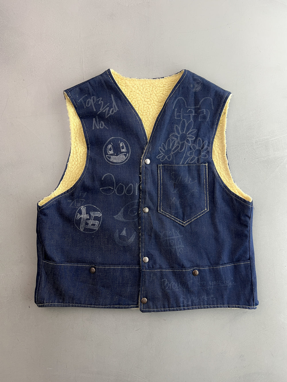 Hand Drawn Denim Shearling Vest [L]