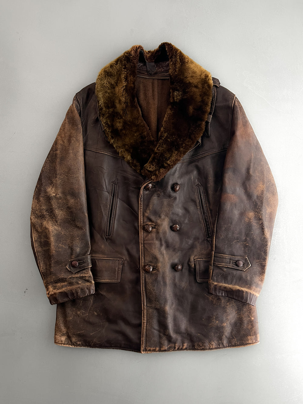 60's/70's European Leather Greatcoat w Detachable Fur Collar [L]