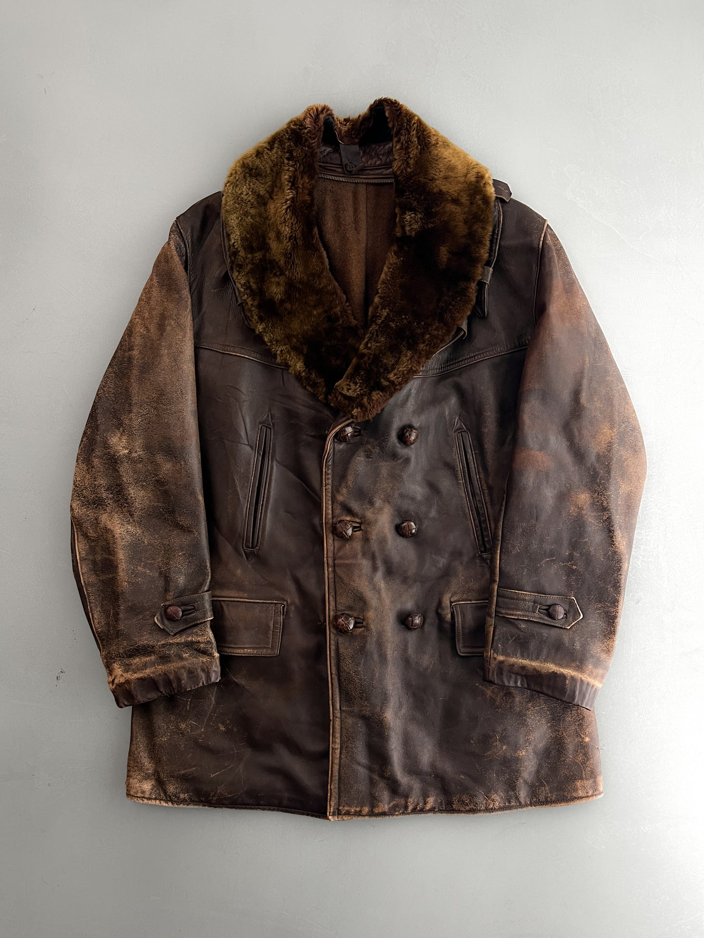 60's/70's European Leather Greatcoat w Detachable Fur Collar [L]