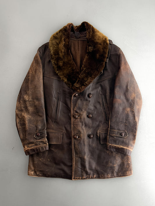 60's/70's European Leather Greatcoat w Detachable Fur Collar [L]