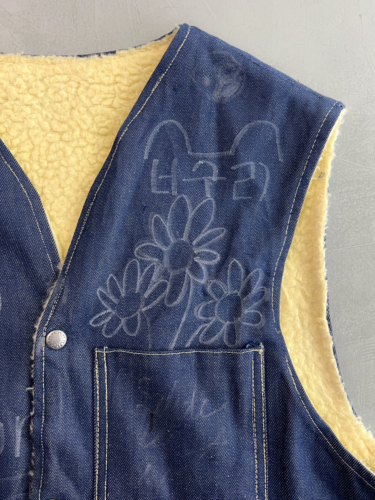 Hand Drawn Denim Shearling Vest [L]