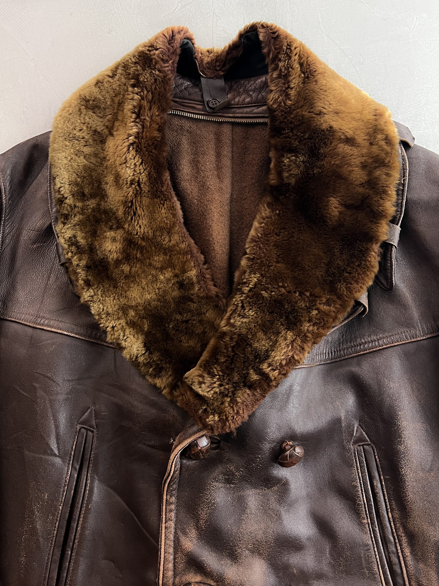60's/70's European Leather Greatcoat w Detachable Fur Collar [L]