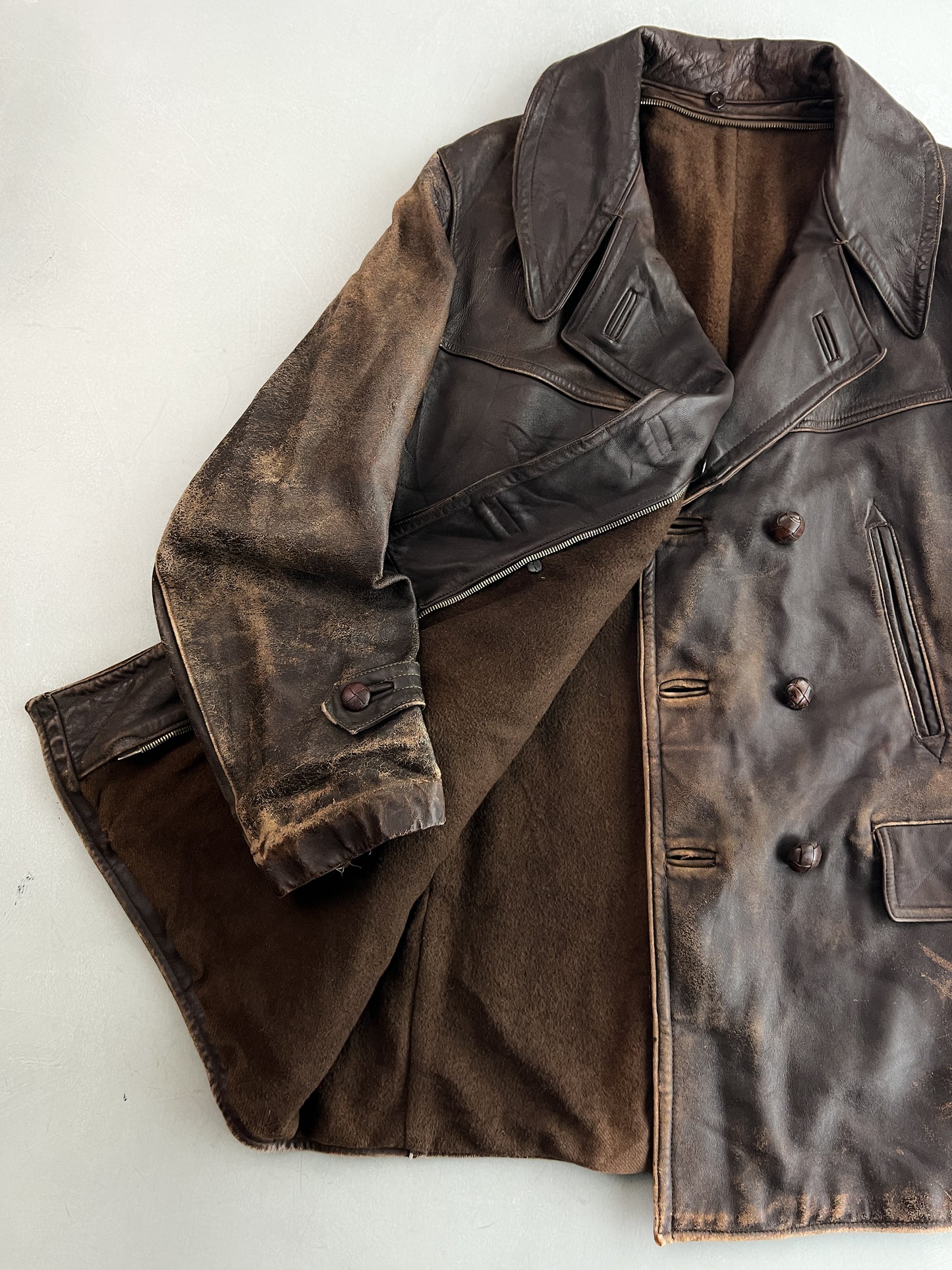 60's/70's European Leather Greatcoat w Detachable Fur Collar [L]