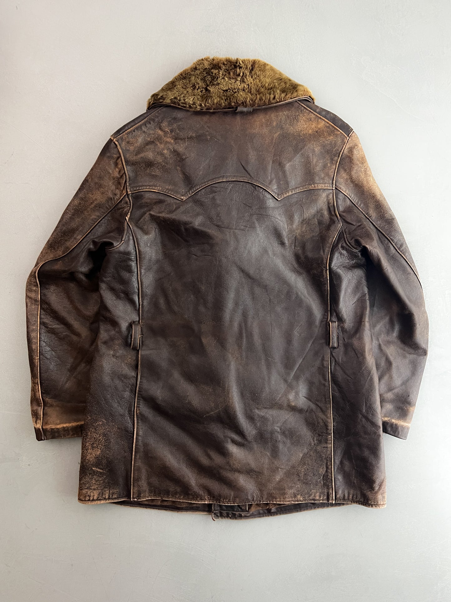 60's/70's European Leather Greatcoat w Detachable Fur Collar [L]