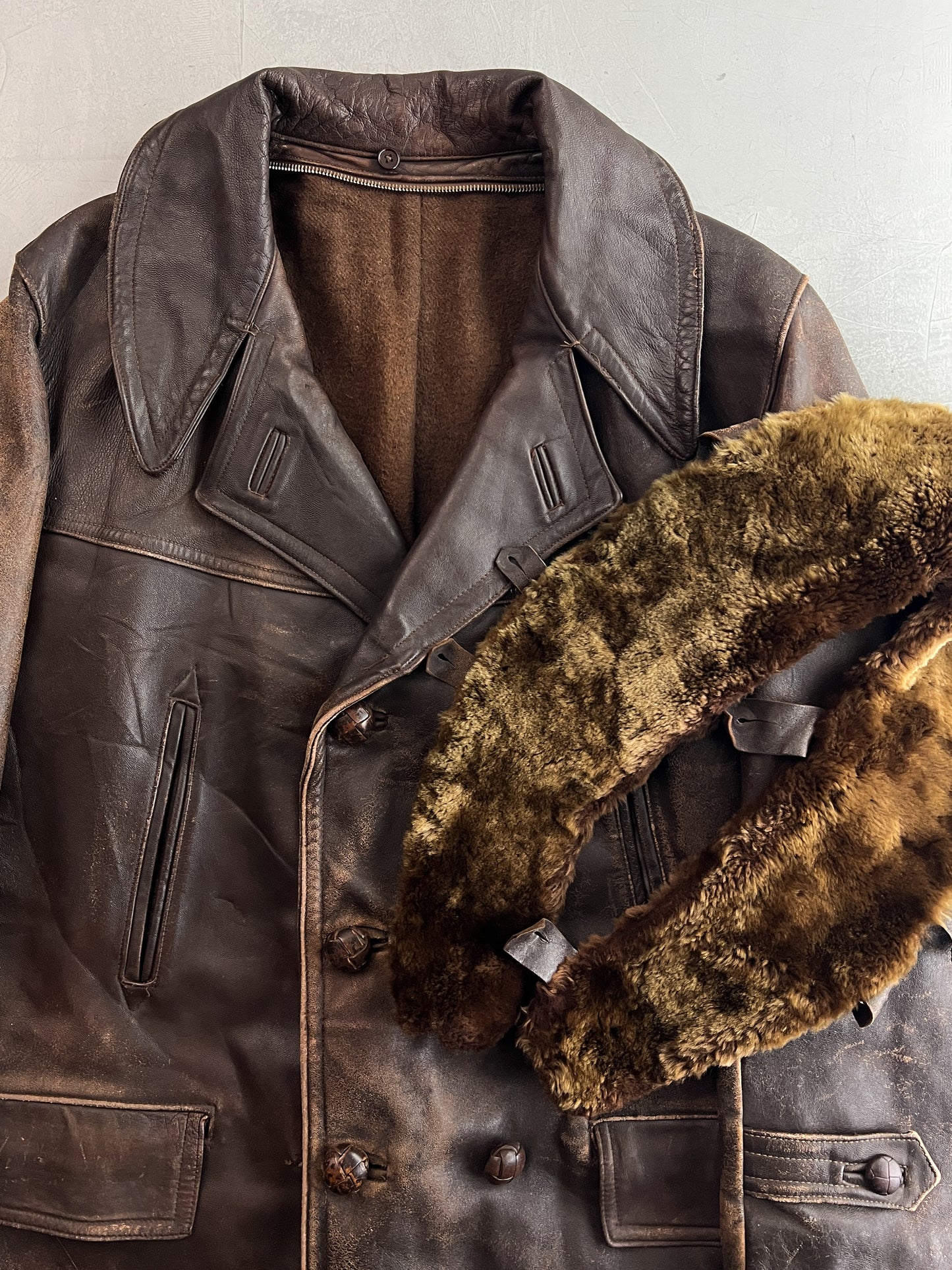 60's/70's European Leather Greatcoat w Detachable Fur Collar [L]