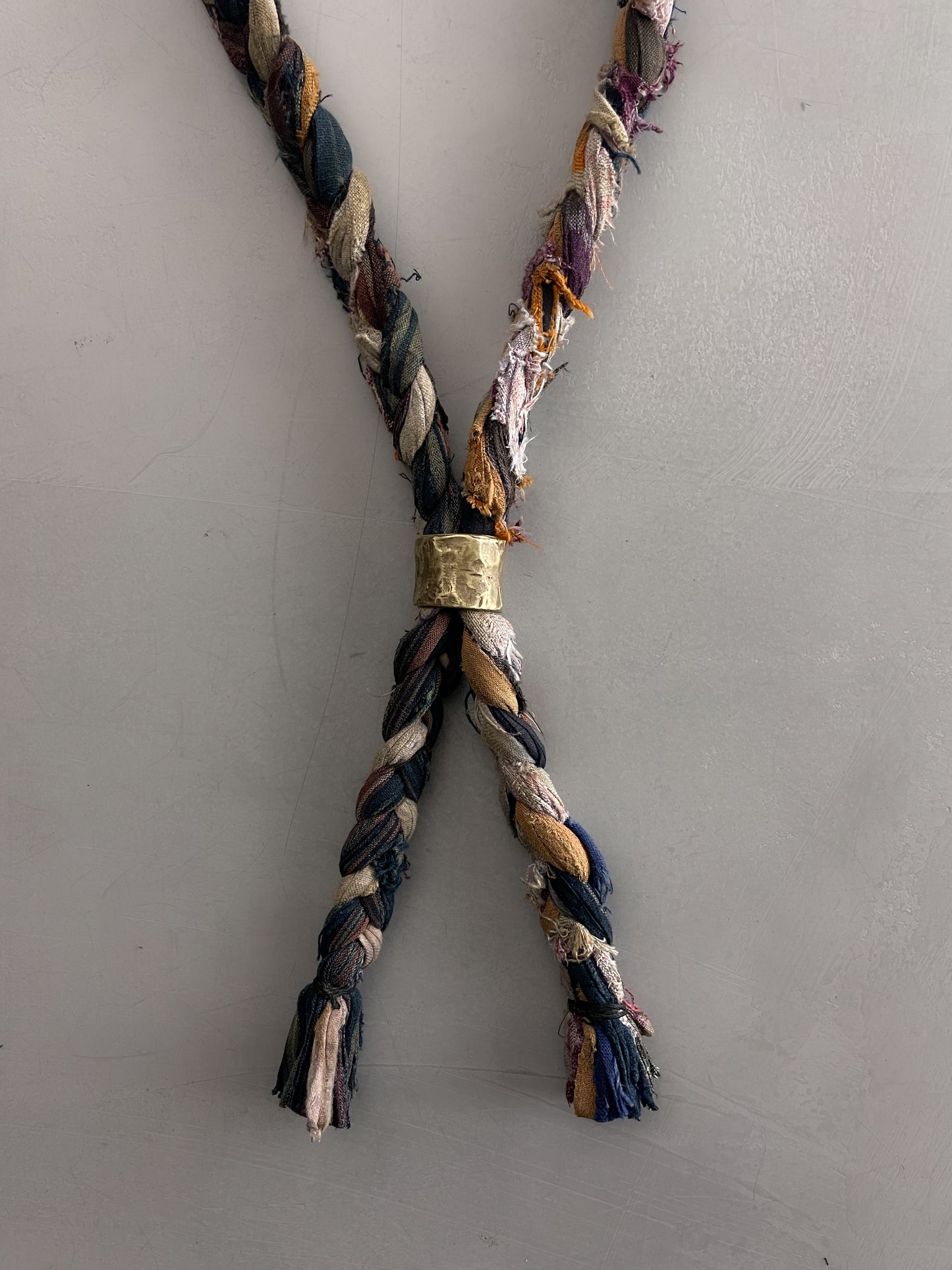 Japanese "Boro" Rope Tie w Oxidised Brass Ring