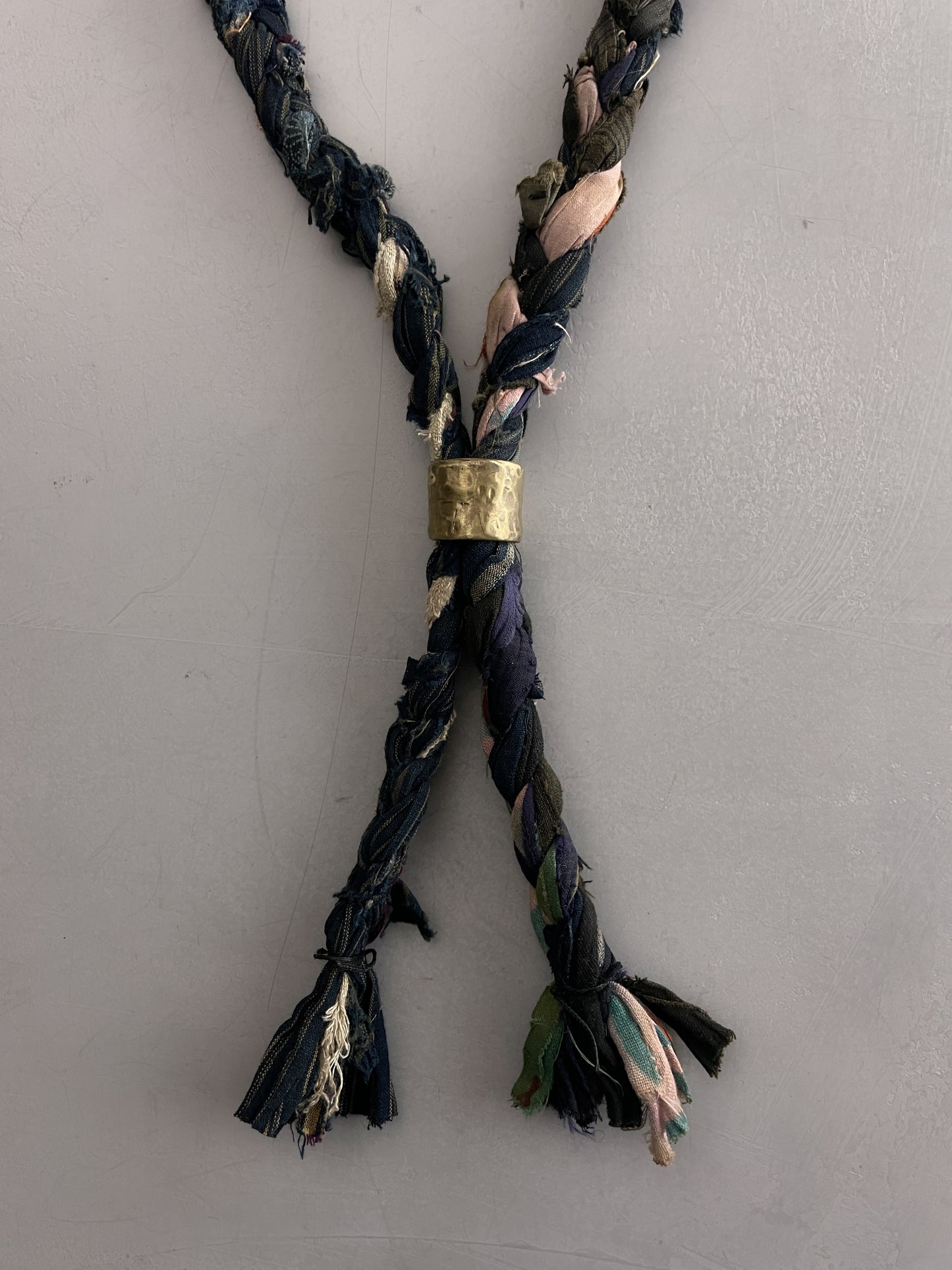 Japanese "Boro" Rope Tie w Oxidised Brass Ring