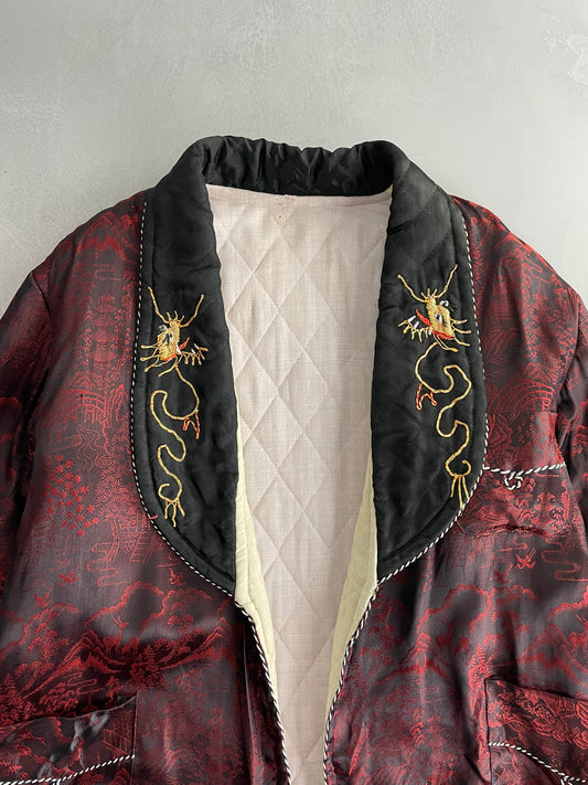 60's Embroidered Dragon Smoking Jacket [L]