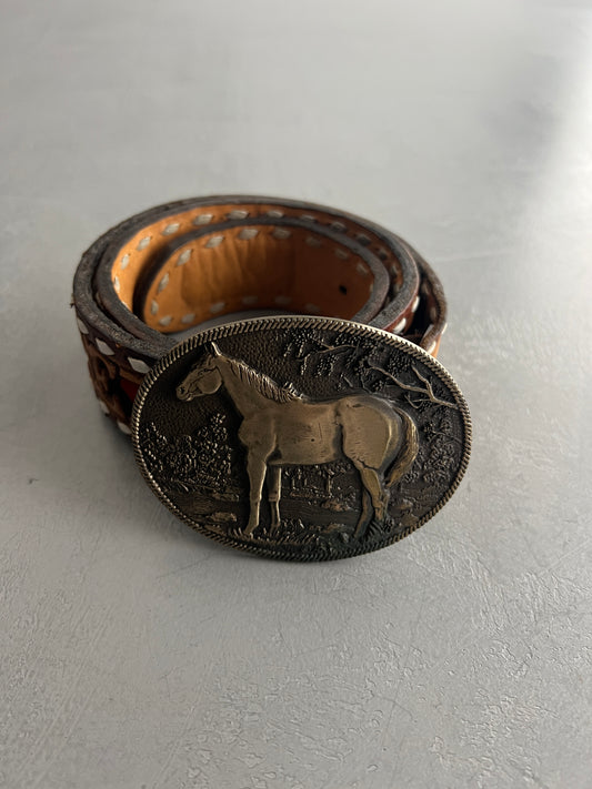 Hand-Tooled Horse Buckle Belt [27"-31"]