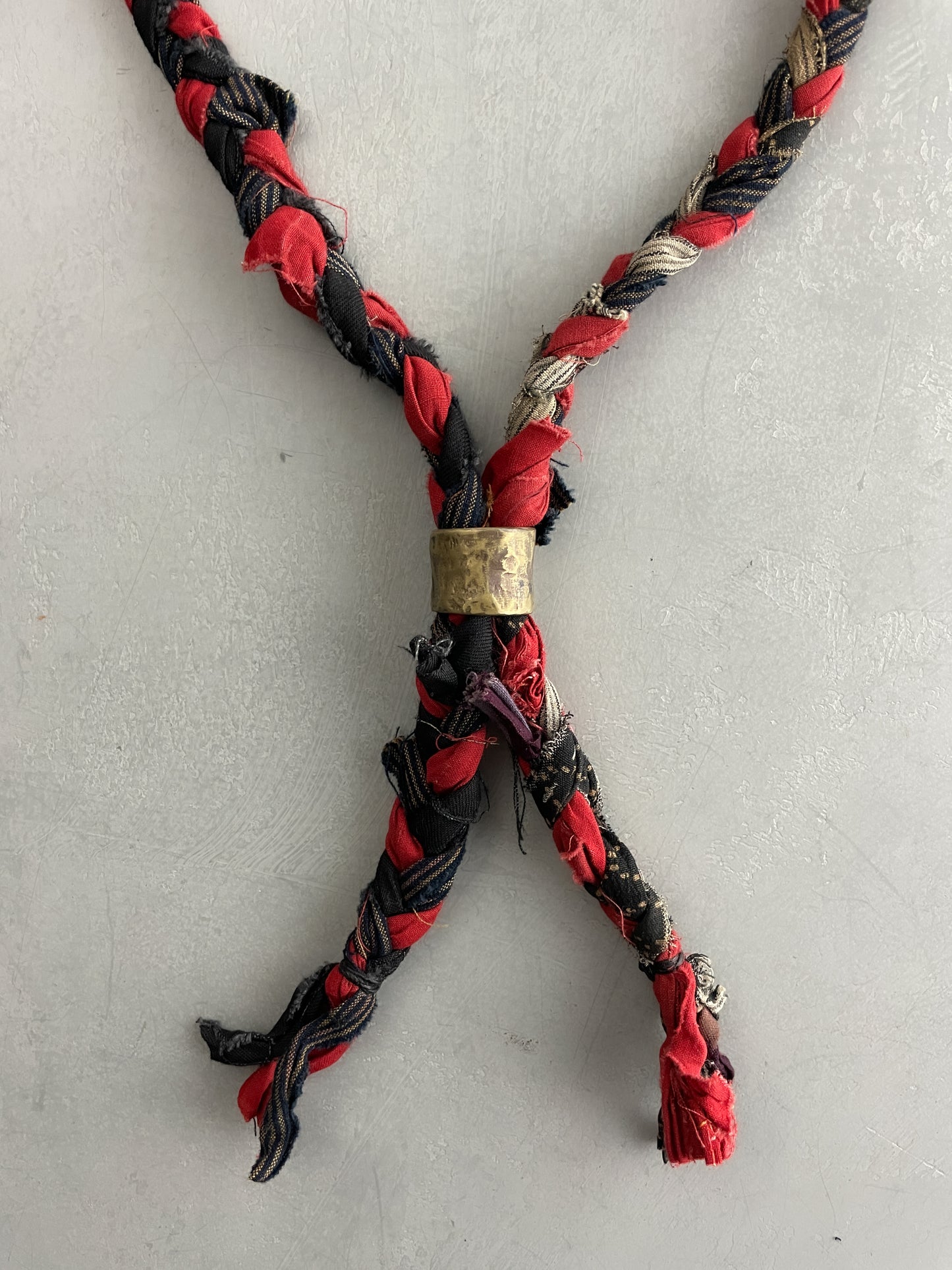 Japanese "Boro" Rope Tie w Oxidised Brass Ring