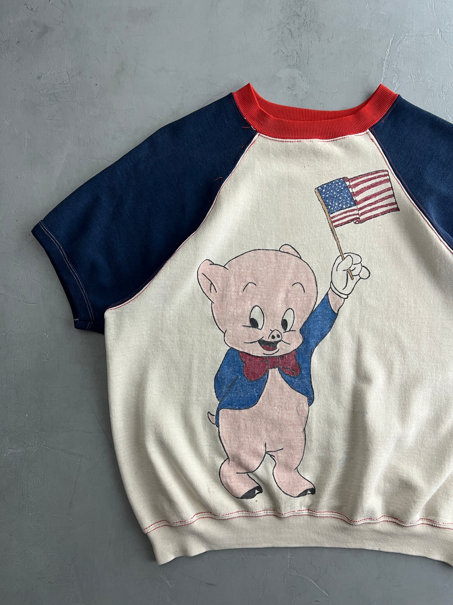 50's/60's Hand-Painted Porky Pig Short Sleeve Sweatshirt [L]